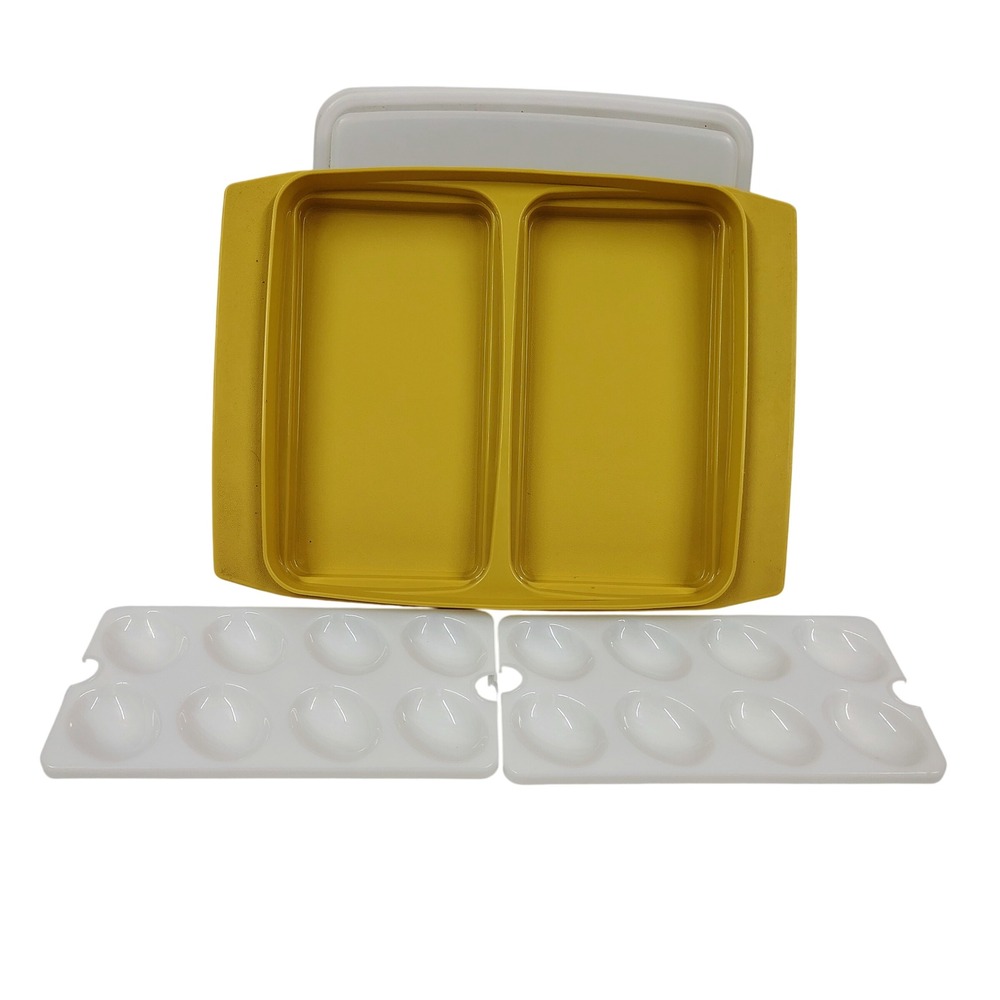 Vintage Tupperware 723-2 Deviled Egg Keeper 4 Piece Harvest Gold Tray &‎ Lid Set